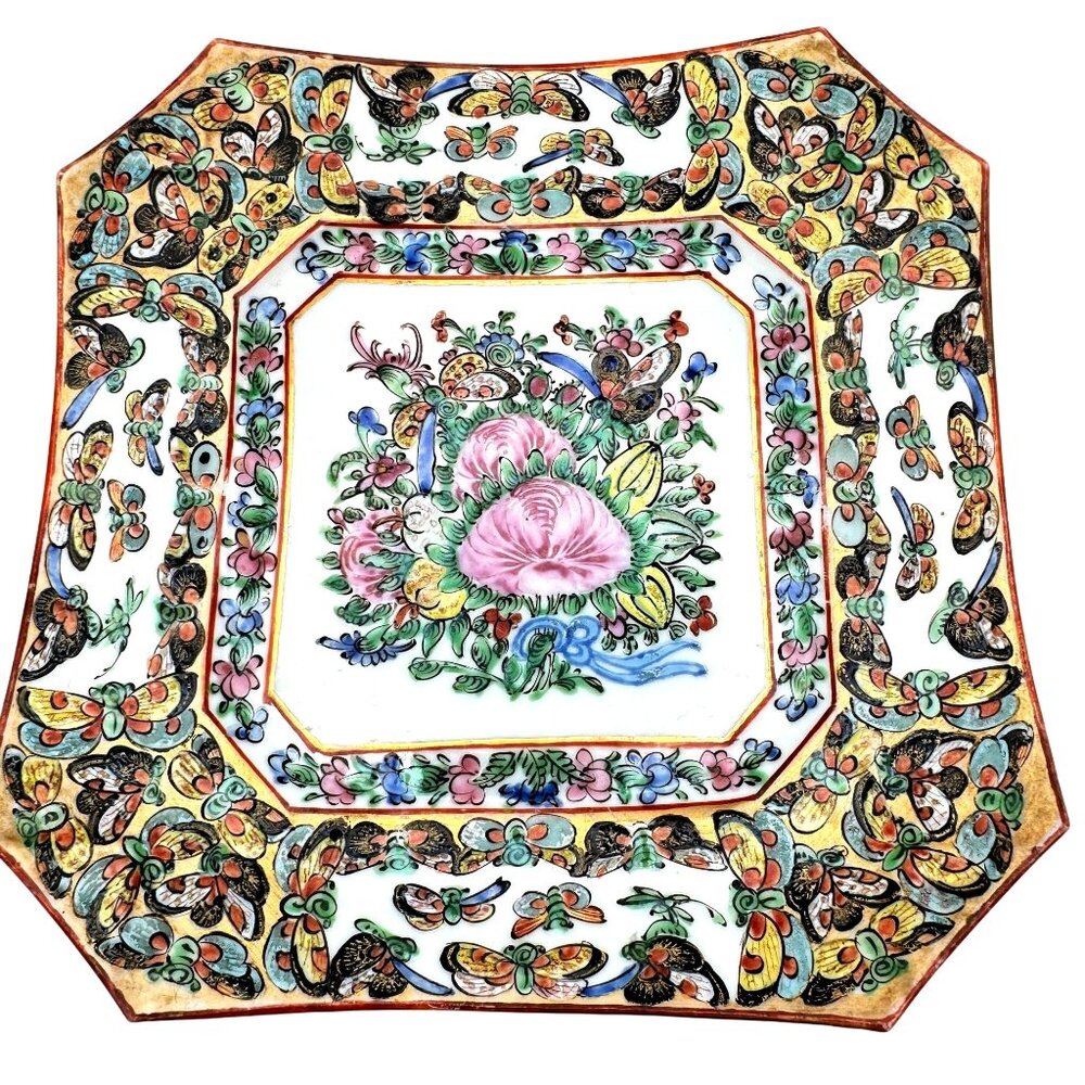 Rose Canton Octagonal Square 7.5" Plate W/ 1000 Butterflies Design Circa 1920